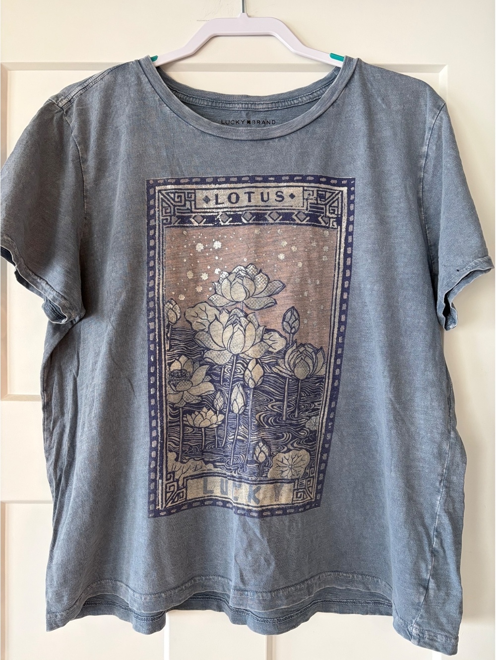 Lucky Brand "Lotus" Vintage Graphic Tee — Faded Blue-Gray, Size XL